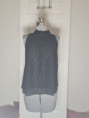 White House Black Market Black Lace High Neck Open Back Top Blouse Size 12